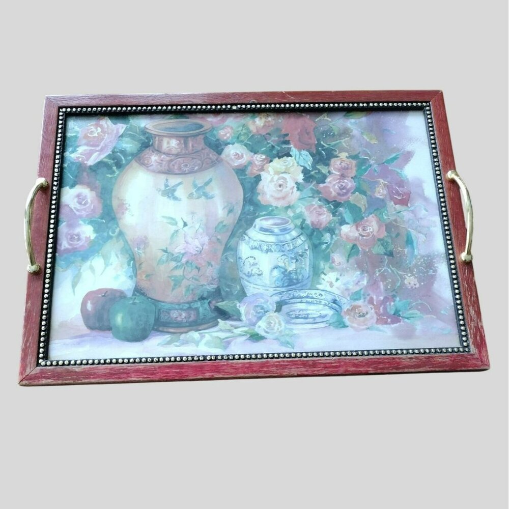 Vintage Decorative Tray With Floral Still Life & Brass Handles, signed Joshua